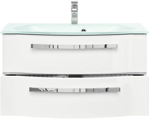 3-delige badkamermeubelset Pelipal xpressline 4005 BxHxD 92 x 200 x 49,1 cm, hoogglans witte fronten, met witte glazen wastafel en glazen wastafelmeubel, wastafelkast, spiegelkast met LED-verlichting, chromen greep, 992.0900111 9920900111