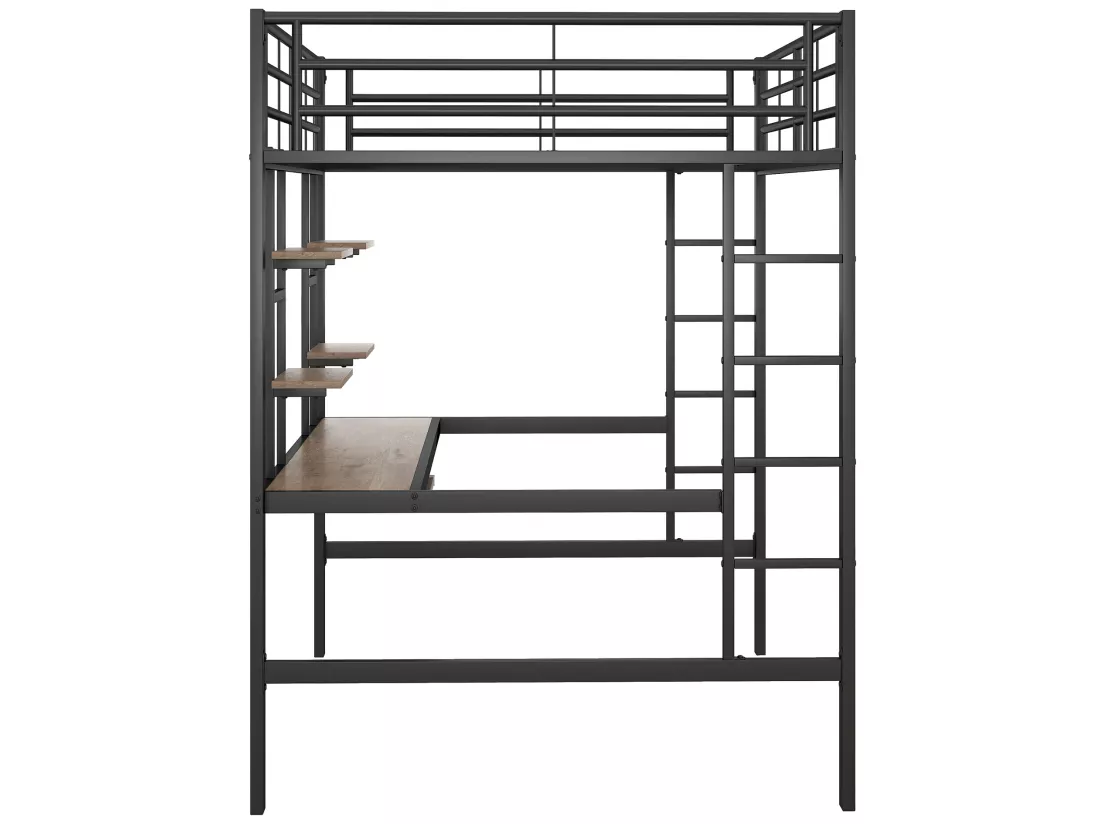 Lit mezzanine 140x200cm - avec bureau et étagères - cadre en métal - Noir
