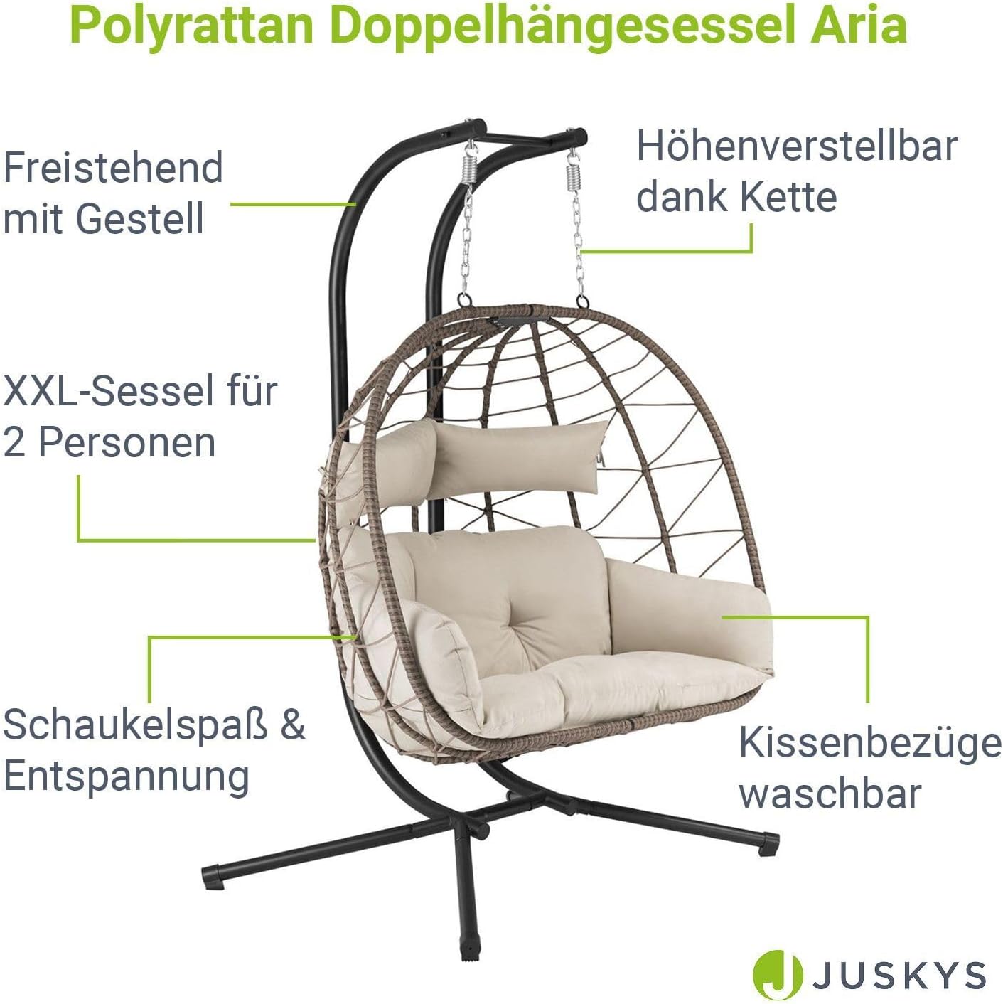 Juskys® Doppelhängesessel Aria - Polyrattan Hängesessel mit Gestell & Kissen - Schaukel für Zwei Personen - Outdoor Indoor Sessel - XXL Korb Beige