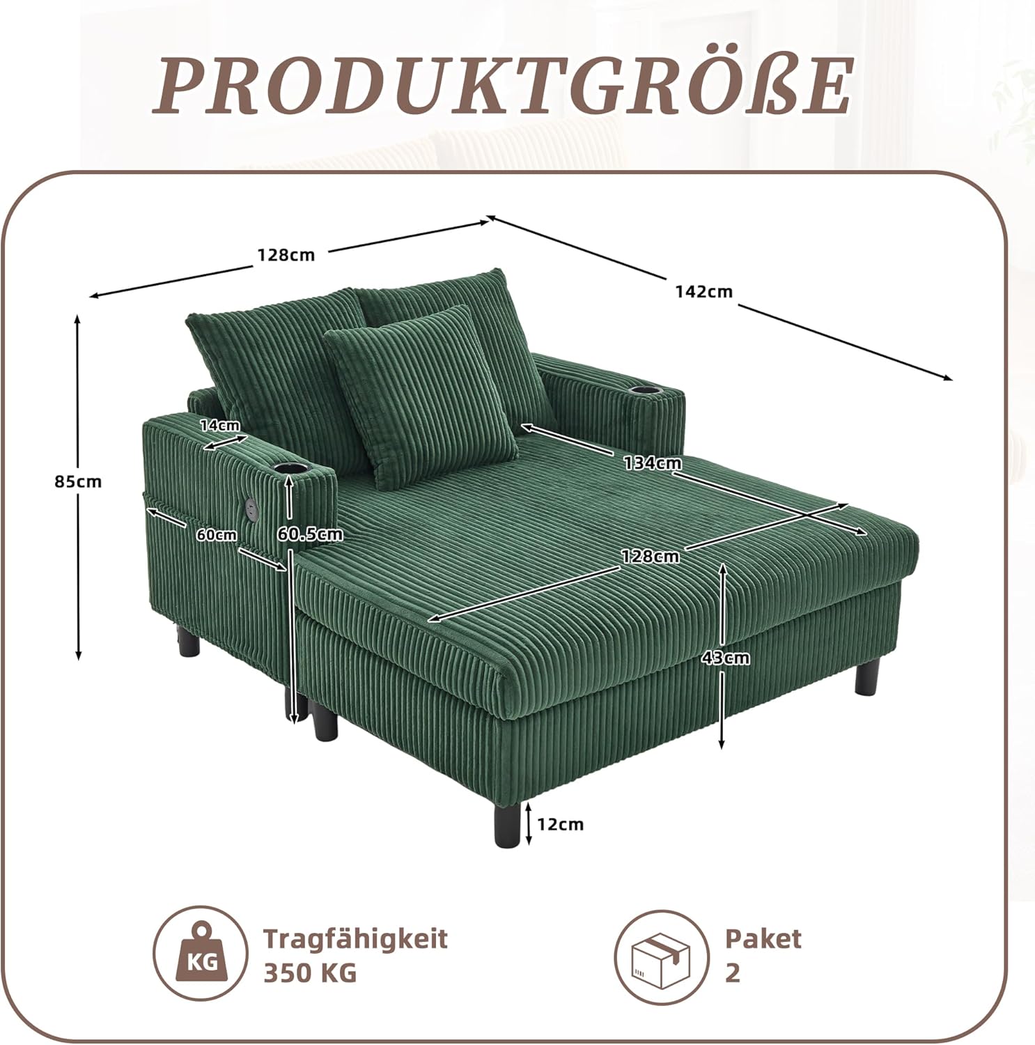 Chaiselongue Schlafsofa 2-Sitzer, Sofa mit LED & USB-C-Port & 2 Kissen & Getränkehaltern, Bettsofa, Für Wohnzimmer & Schlafzimmer, Emerald