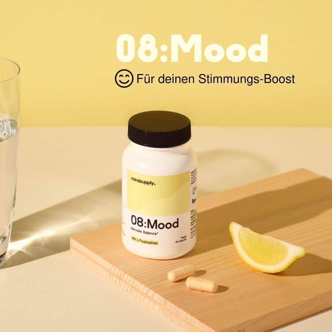 mindsupply MOOD - Anti-Stress Kapseln mit L-Tryptophan, Coenzym Q10, Vitamin D und Rosenwurz