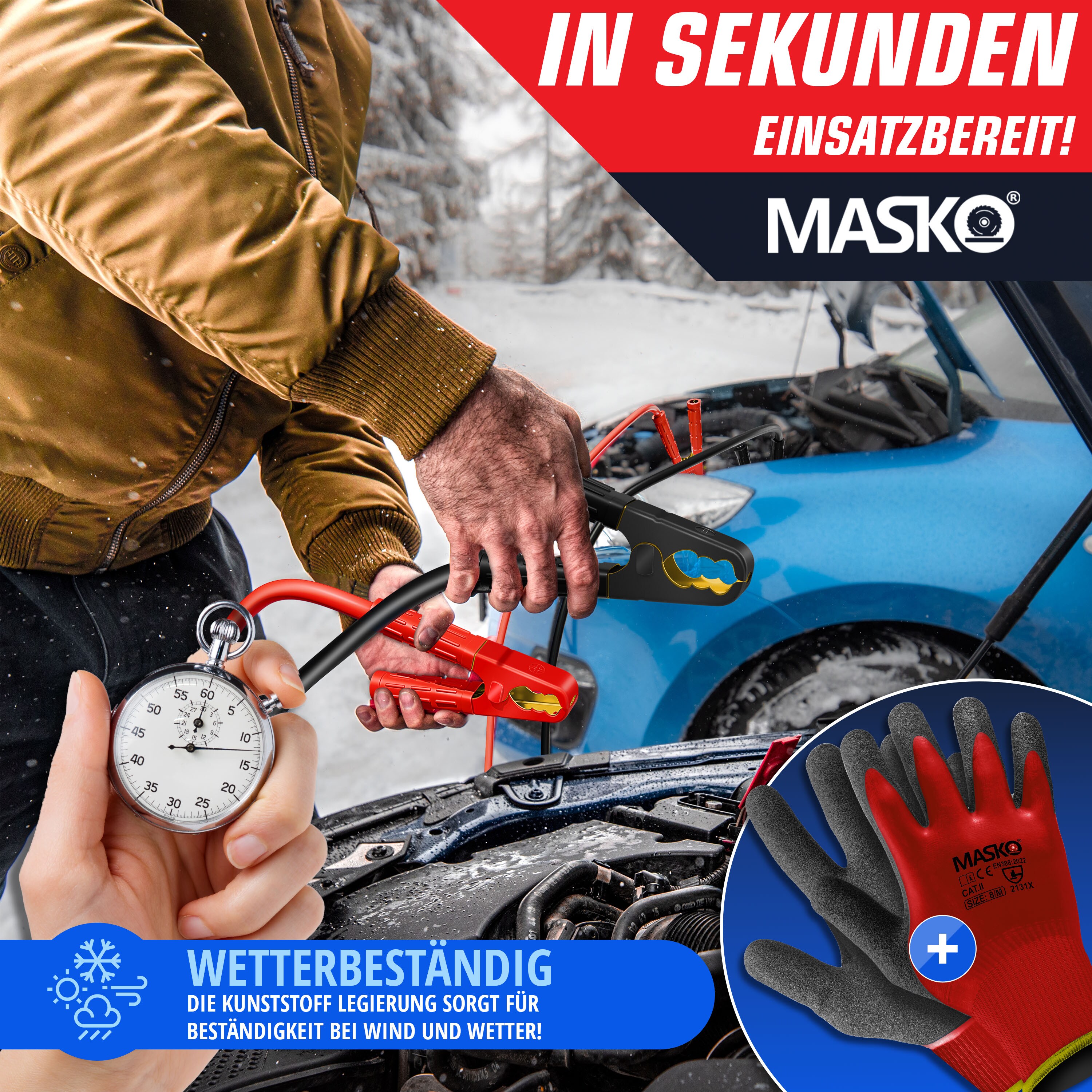 MASKO® Starthilfekabel Überbrückungskabel für Benzin- und Dieselmotoren, 6/12/24 Volt. Auto Motorrad Starterkabel aus Kupfer inkl. Handschuhe und Tragetasche (25mm² 1200A / 30mm² 1500A)
