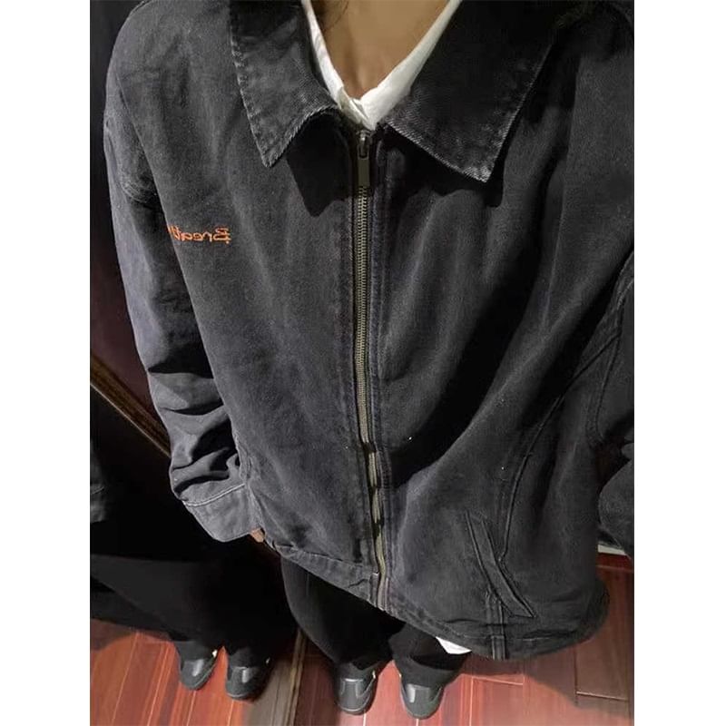 Zentrus - Denim jack met kraag en letters en rits