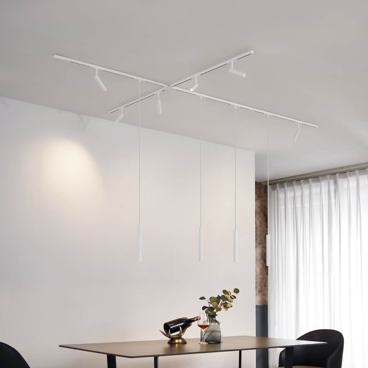 Modern railsysteem met 6 spots en 4 hanglampen wit 1-fase - Slimline Uzzy Keno