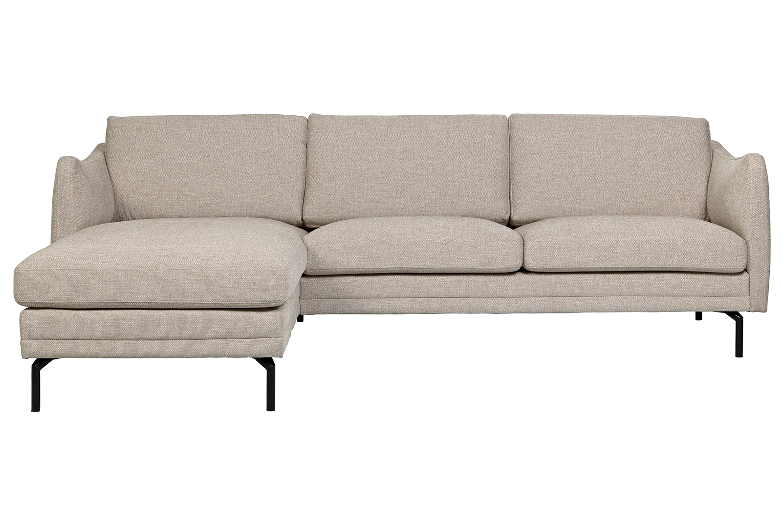 Avignon sjeselongsofa 2,5-seter med sjeselong venstre i tekstil Marsel Beige med komfort C1, Broadway sort metall ben og Ella arm