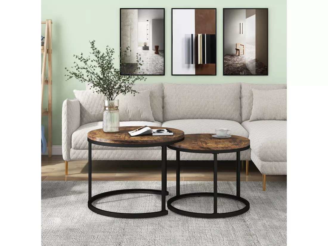 Ensemble de 2 tables basses gigognes rondes effet bois noyer style industriel VELES