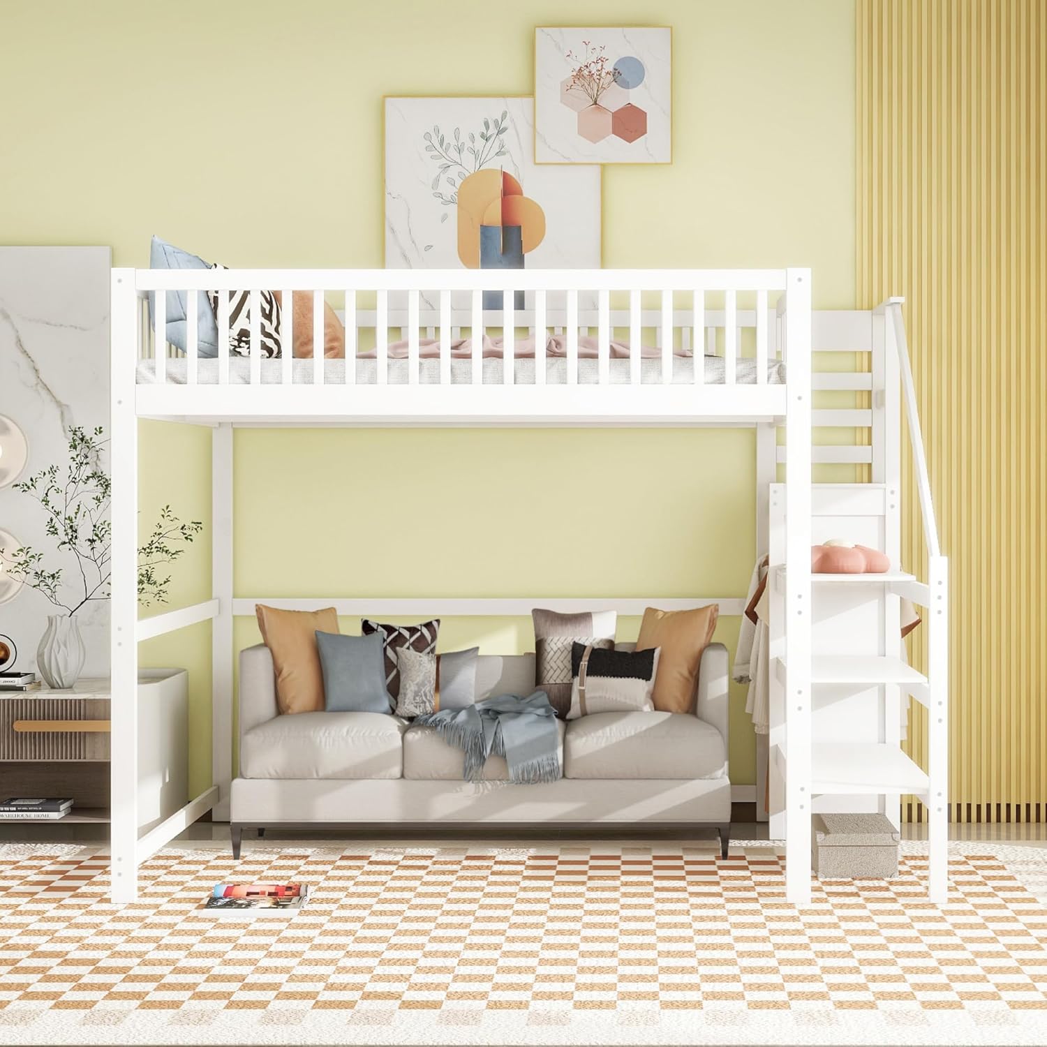 Merax Hochbett 1-Plätzig 140 x 200 cm, Multifunktionales Hochbett für Kinder mit Kleiderschrank und Treppe, Weiß (ohne Matratze)