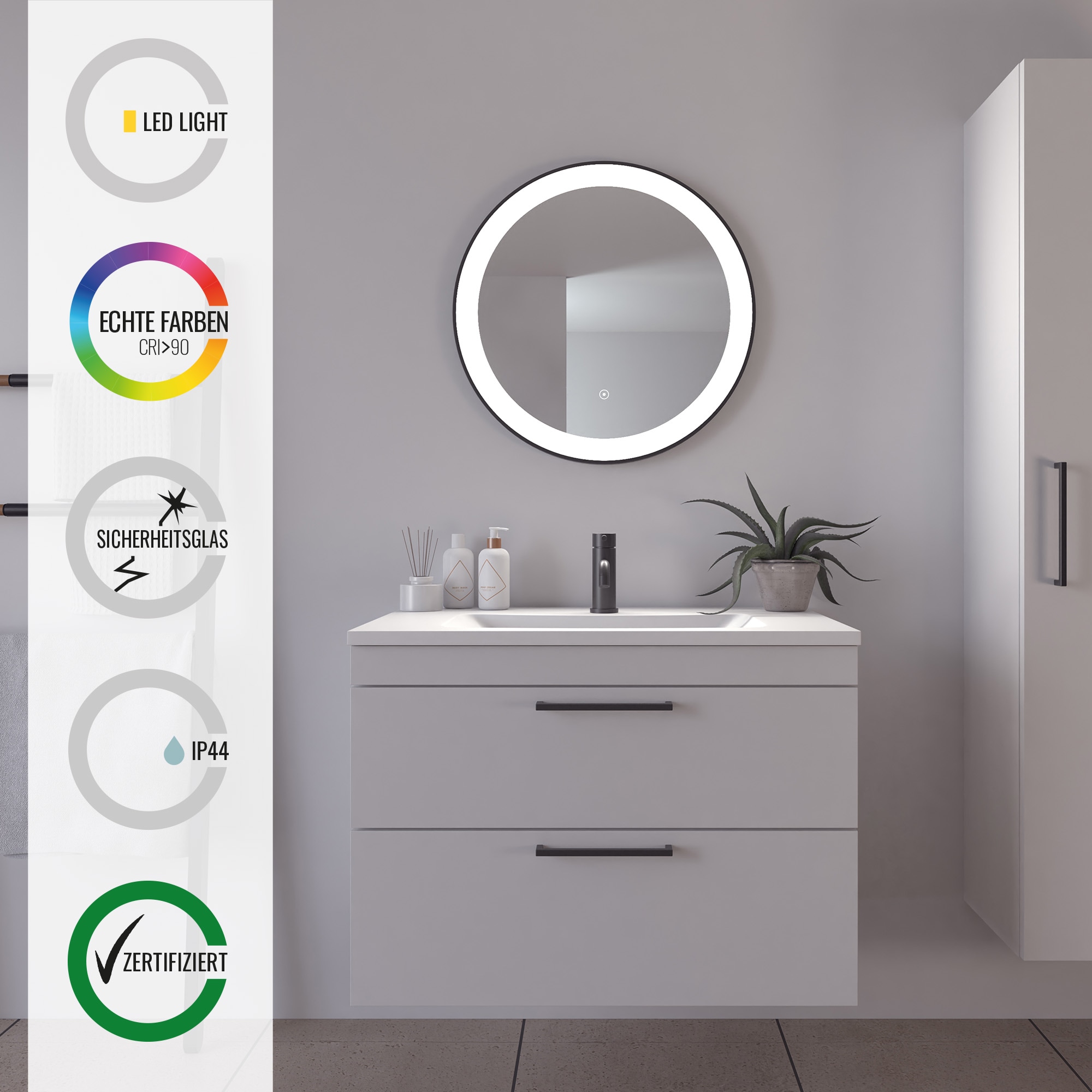 Loevschall Badspiegel »Libra Rund, Badzimmerspiegel mit LED Beleuchtung« Touchpanel für Lichtsteuerung, Dimmbar Spiegel, Dänisches Design