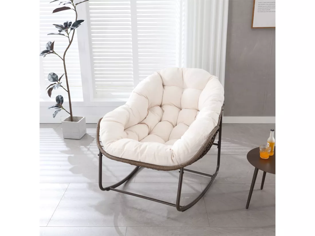 Fauteuil à bascule avec coussin rembourré, chaise en rotin avec structure en acier, fauteuil lounge,pour salon,chambre à coucher,bureau,jardin,111cmx94,5cmx80cm,Blanc