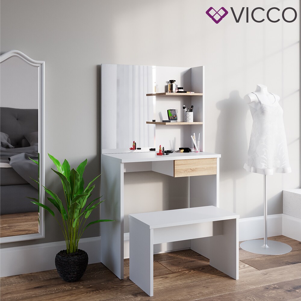 VICCO Schminktisch DEKOS Frisiertisch Kommode Kosmetiktisch Weiß Eiche Bank