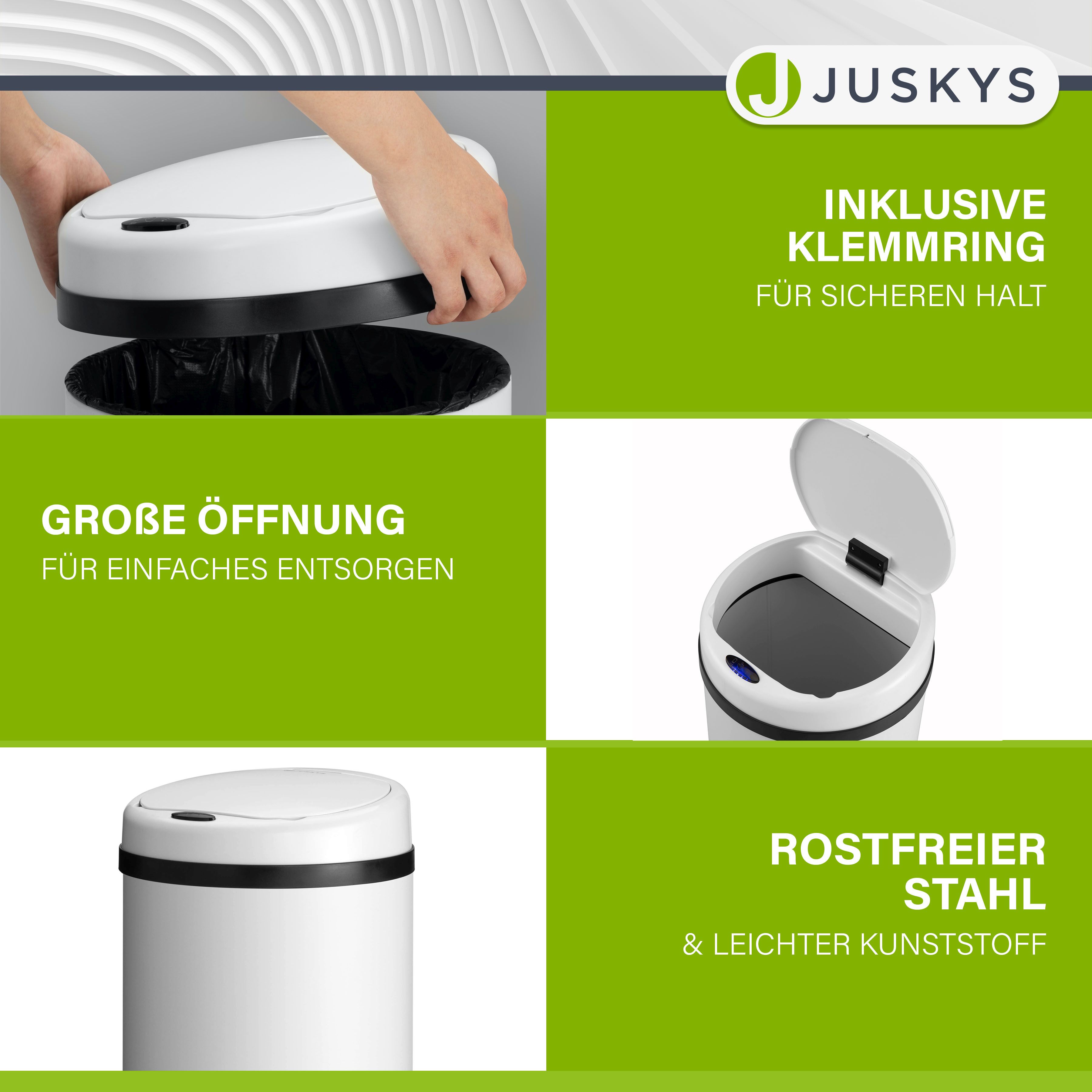 Juskys Automatik Mülleimer mit Sensor 40L - Abfalleimer mit elektrischem Deckel für Küche - Weiß