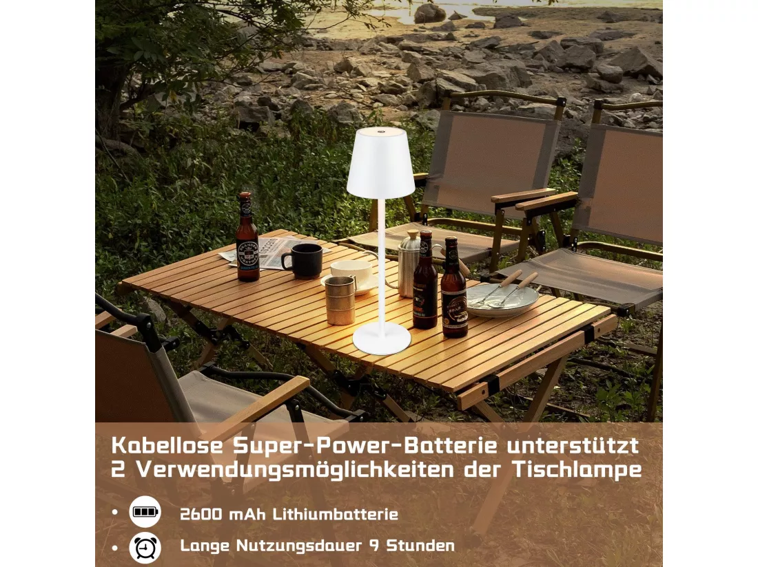 Nettlife Lampe de chevet sans fil, LED 2600mAh, lampe de table extérieur rechargeable, tactile, blanche, avec prise USB