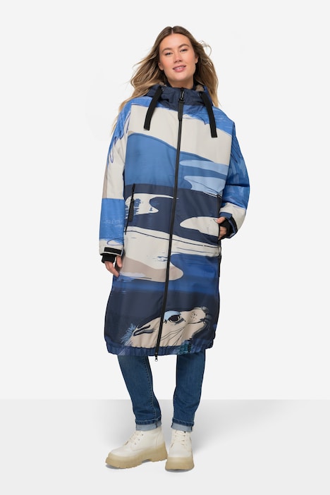 Funktions-Jacke, oversized, maritimer Allover-Print, Teddyfutter, 2-Wege-Zipper