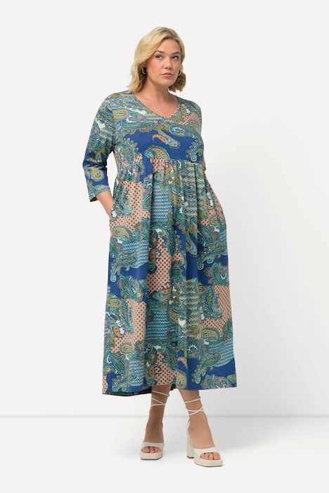 Jerseykleid, Paisleymuster, A-Linie, V-Ausschnitt, 3/4-Arm
