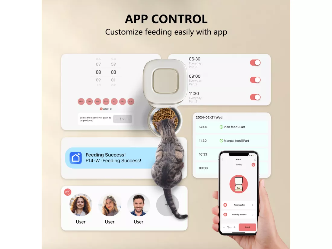 3L WiFi Distributeur Croquettes Chat Automatique - Beige Mangeoire Automatique pour Chat et Chien - 10 Repas par Jour - Enregistrement Vocal 10s