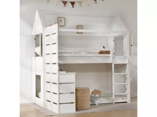 Lit superposé pour enfants 90x200 cm, avec protection contre les chutes et rails, table, étagères ouvertes, deux fenêtres, pin + MDF, blanc