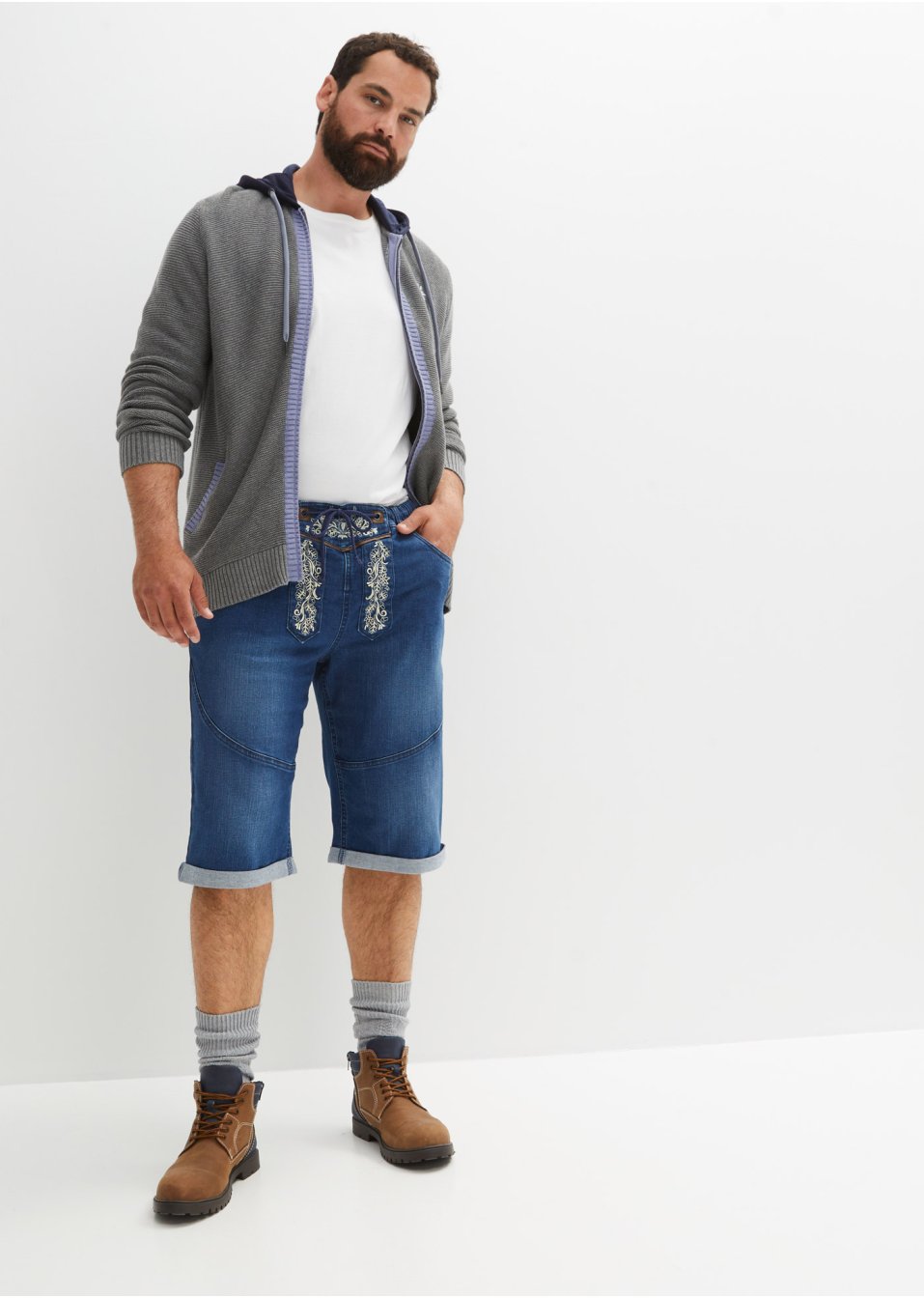 Bermuda en jean extensible avec broderie, Regular Fit