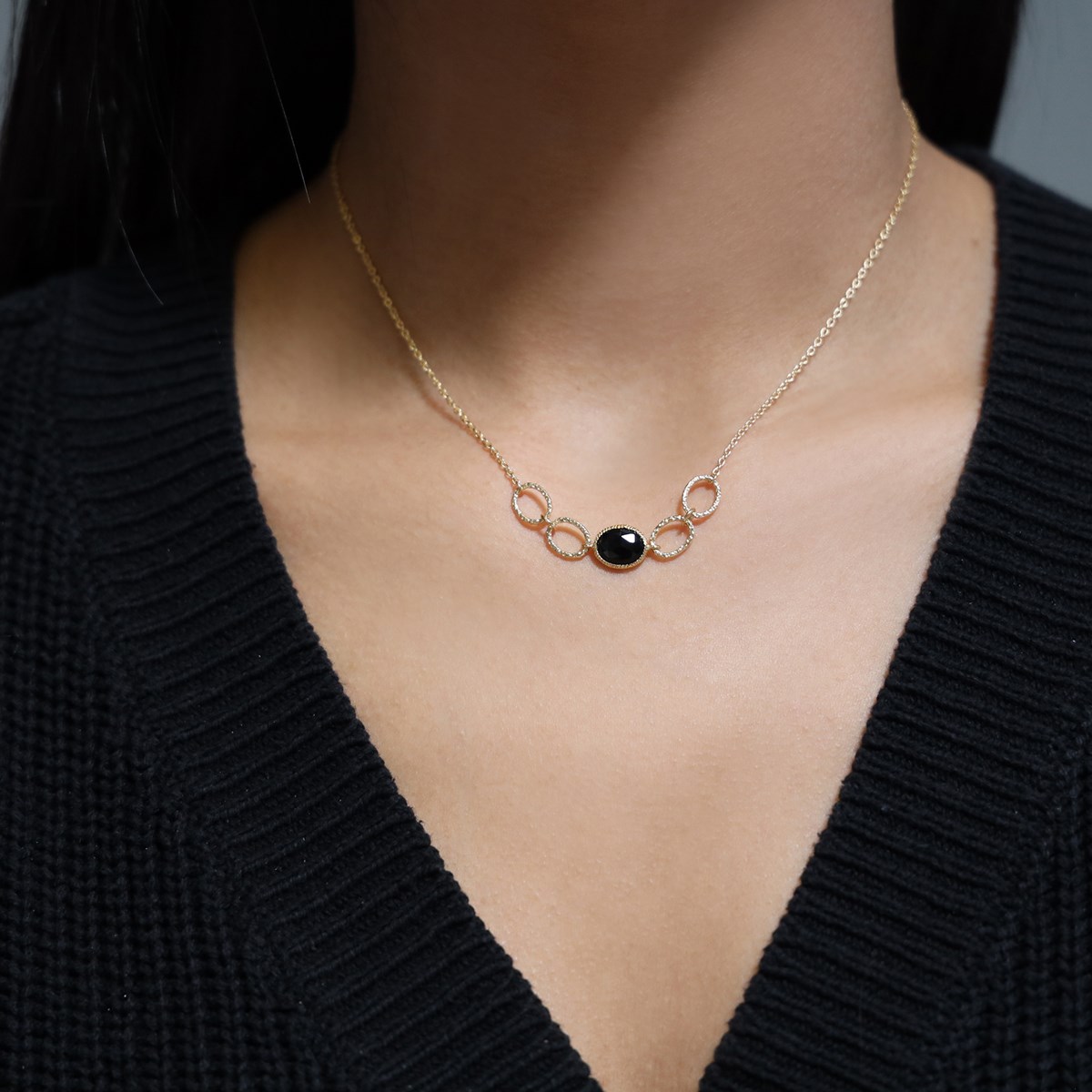 Collier Argent Doré Pierre Onyx Noir