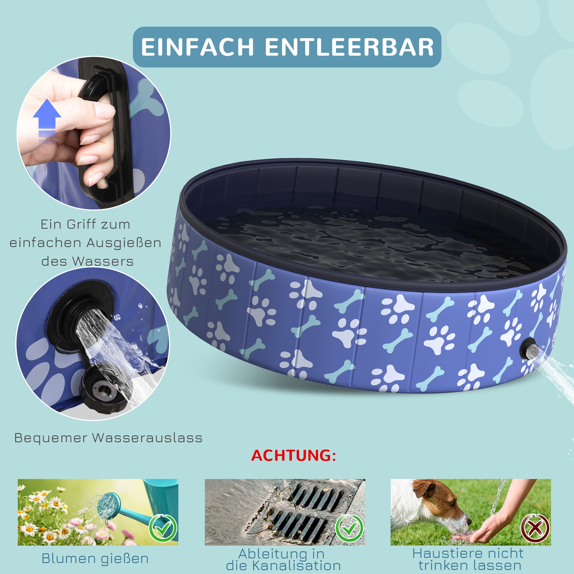 PawHut Hundepool mit Wasserablassventil blau Ø120 x 30H cm