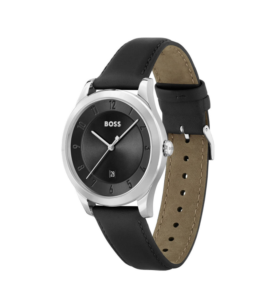 Relógio analógico BOSS Purity com pulseira de couro, preto