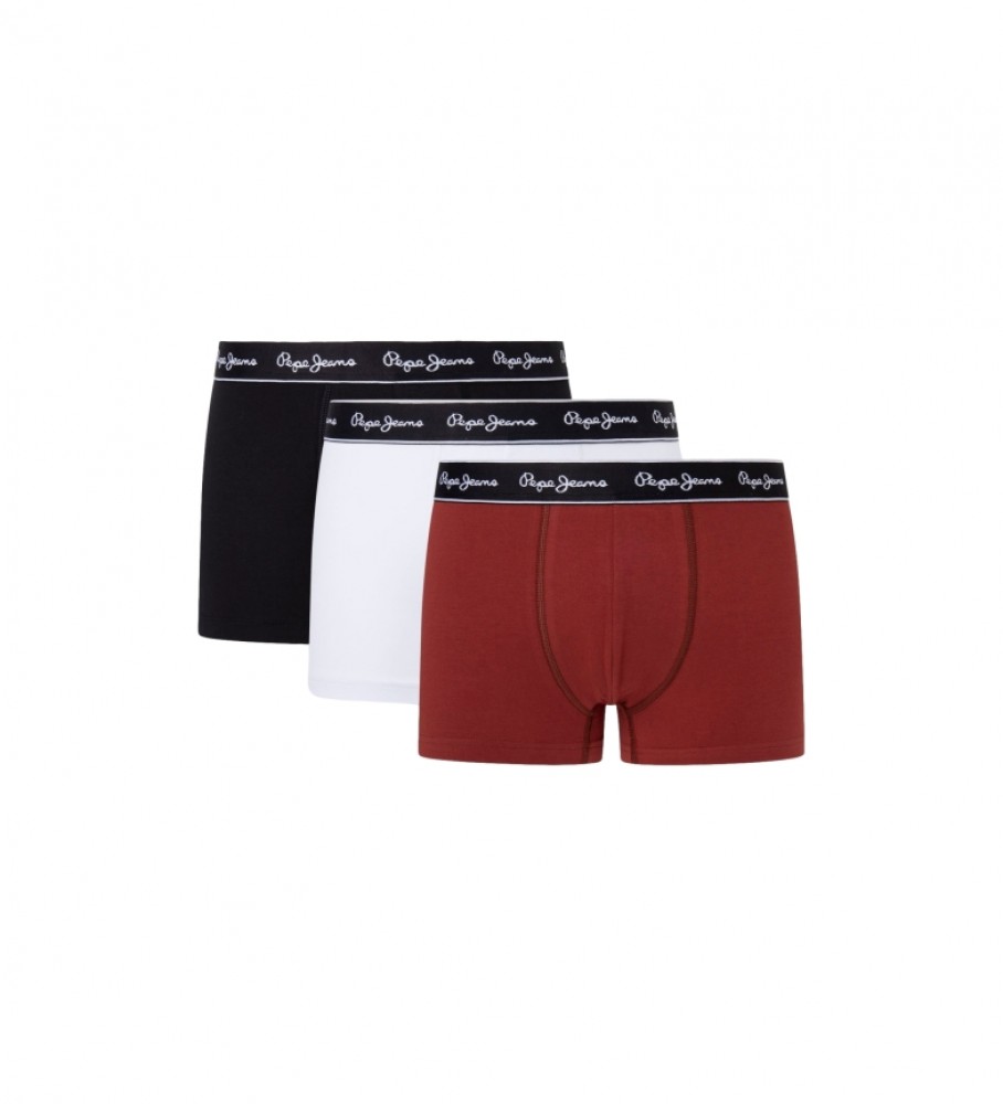 Conjunto de 3 cuecas boxer lisas Pepe Jeans, nas cores azul-marinho, branca e bordô.