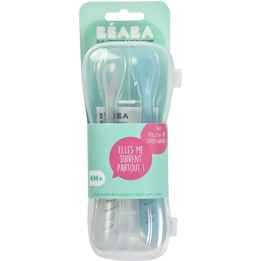 BEABA® Set aus 2 Babylöffeln aus Silikon mit Aufbewahrungsbox 1. Altersstufe blaugrau
