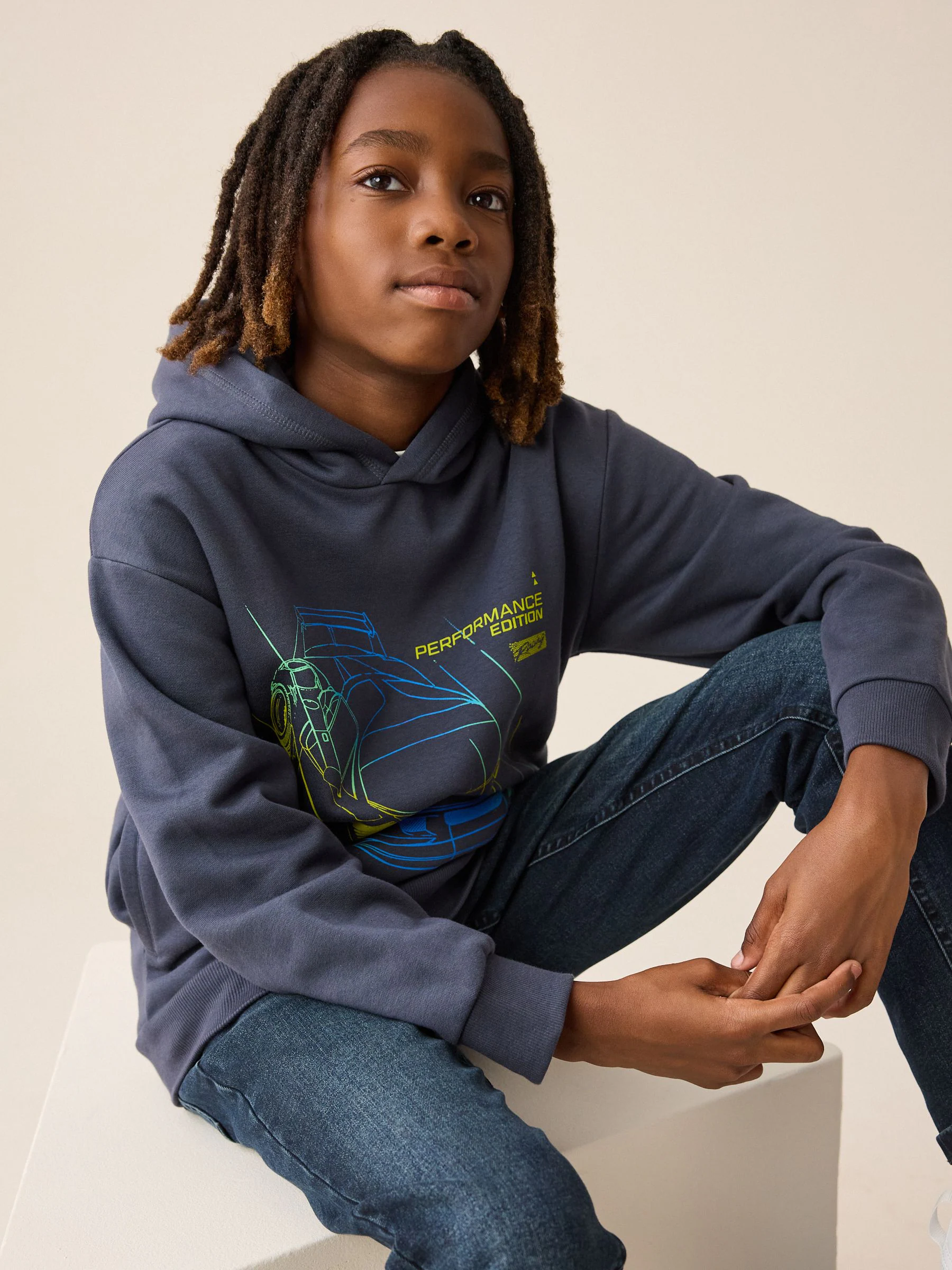 Marineblauwe neon auto - Grafische print hoodie voor oudere jongens (3-16jaar)