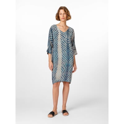Damen-Seidenkleid Print, Blau-Creme