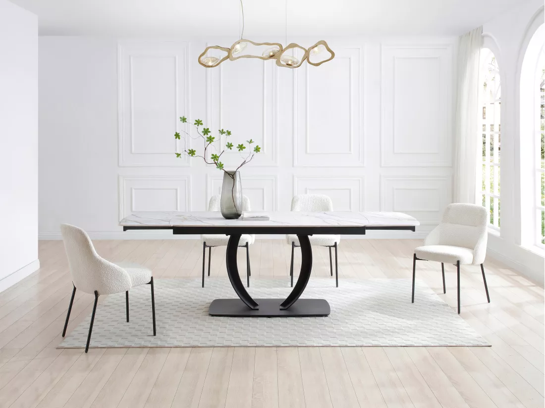 Table à manger extensible 6 à 10 personnes en céramique et métal noir - Effet marbre blanc - OLIFIA de Maison Céphy