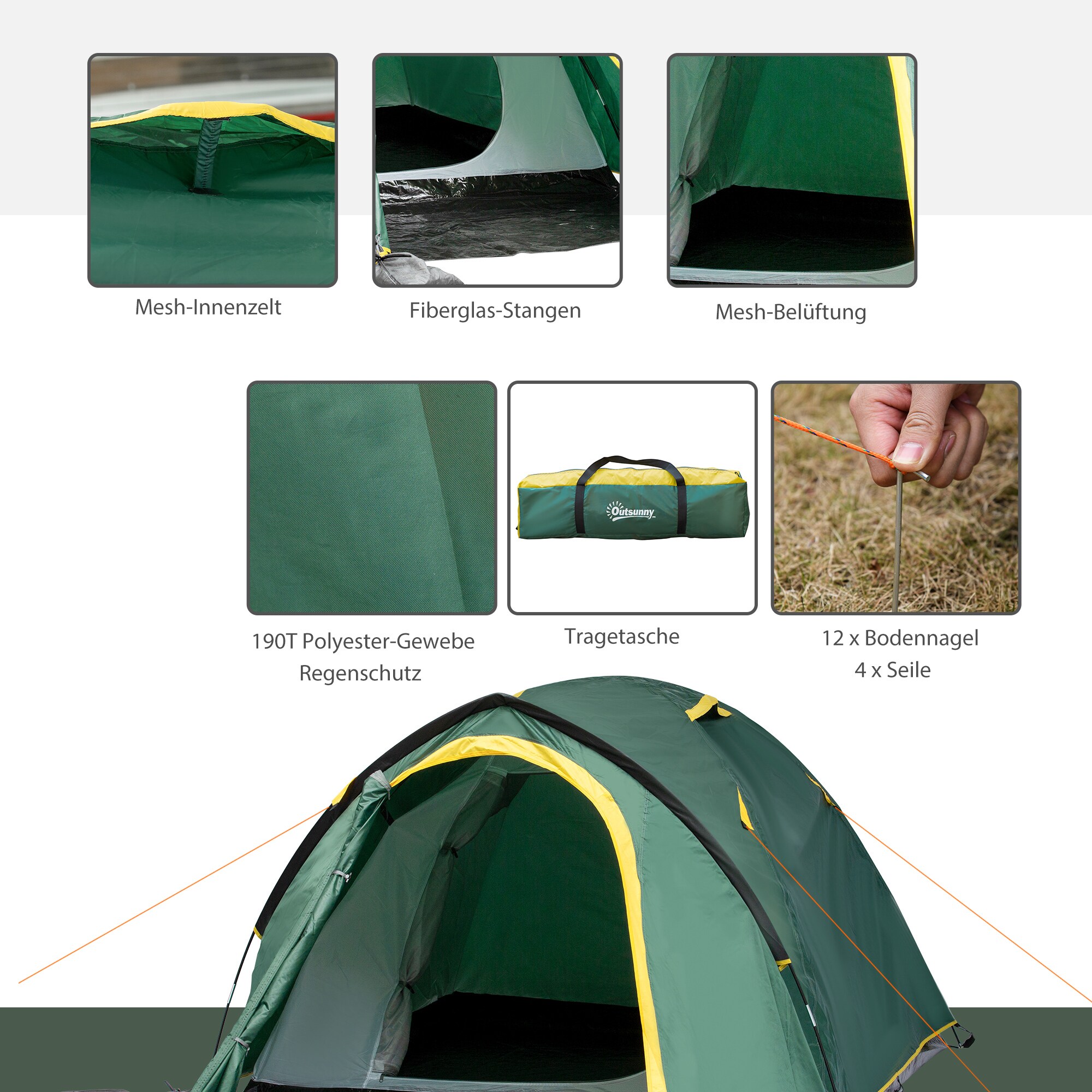 Outsunny Campingzelt für 3-4 Personen grün, gelb 325 x 183 x 130 cm (LxBxH)