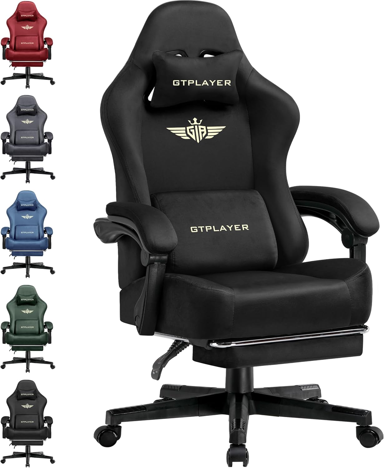 GTPLAYER Gaming Stuhl, Atmungsaktiver Bürostuhl, bürostuhl ergonomisch, Hochwertiger - Stoff, Ergonomischer PC Stuhl, 160° Verstellbare Rückenlehne und ausziehbare Fußstütze,Schwarz