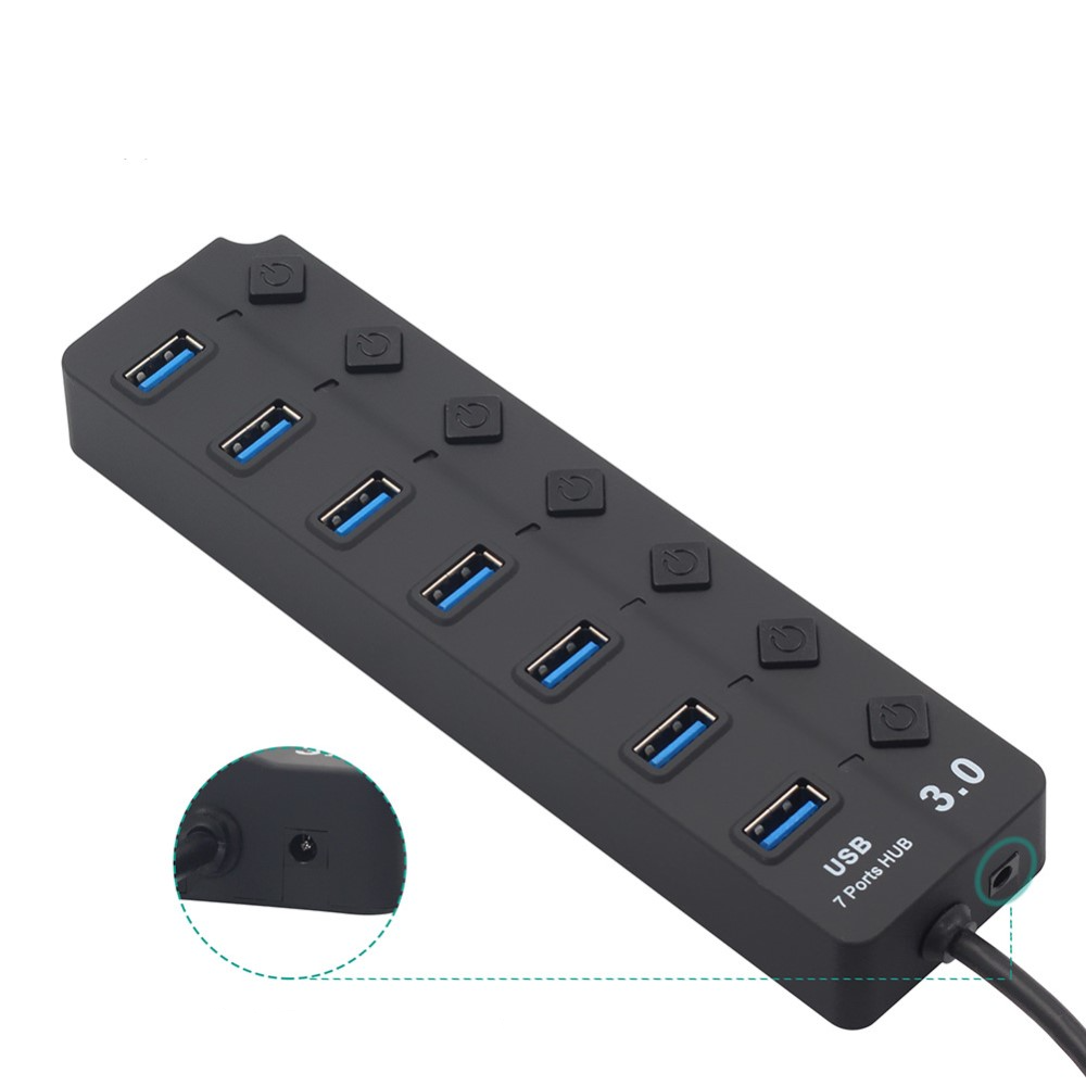 (17cm) 7-fach USB 3.0 Hub Adapter mit USB Port Steuerung Tastenschalter 5GB/s - Schwarz