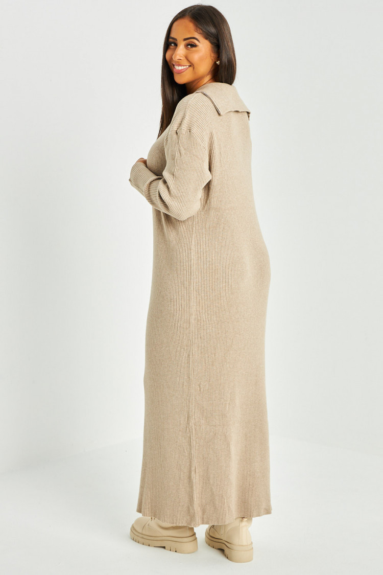 Robe pull taupe col roulée