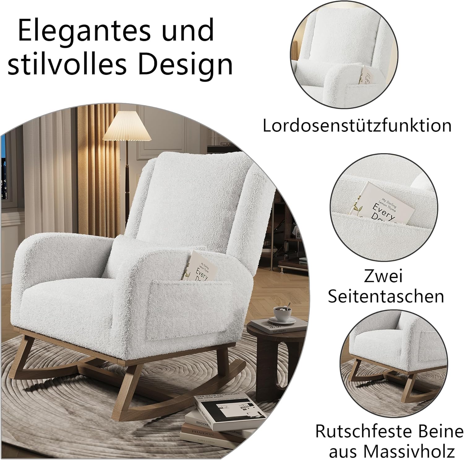 Schaukelstuhl,Stillsessel Schaukelsessel mit Lendenkissen,Teddy Velvet Gepolsterter Sessel mit Holzbeinen & Seitentaschen, Schwingsessel für Wohnzimmer Schlafzimmer Balkon (Weiß-C)