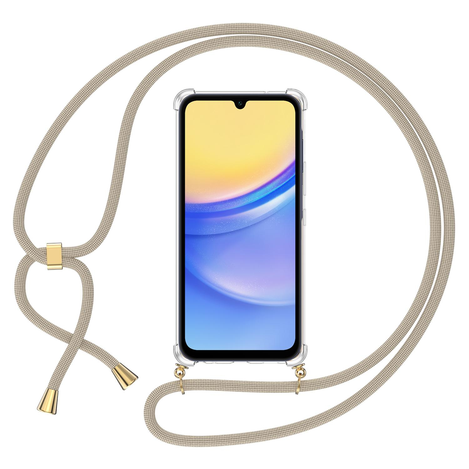 Samsung Galaxy A15 Necklace Gummi Hülle Air Cushion Fallschutz   Handykette (150cm) - Beige / Gold