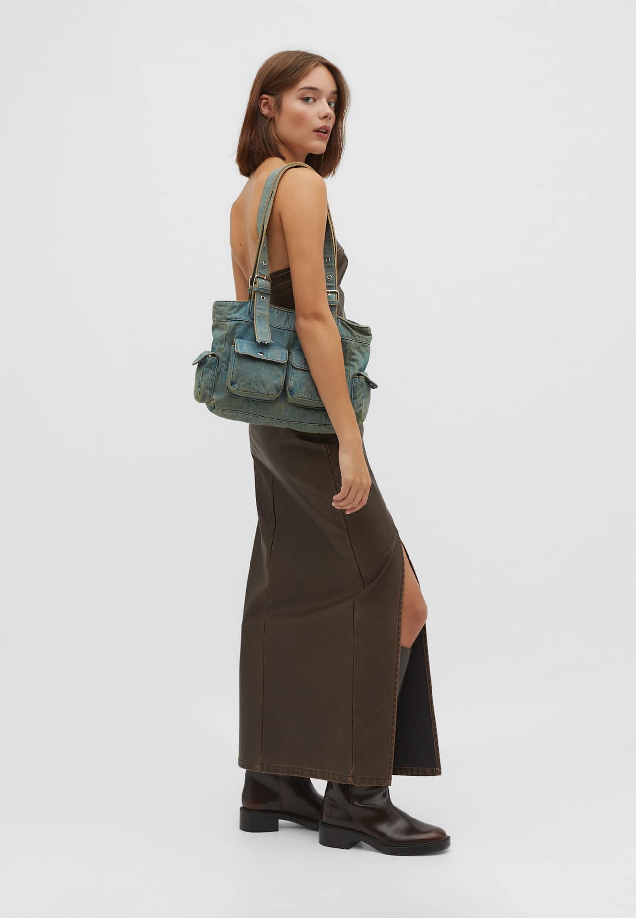 Bolsa de tecido jeans com bolsos
