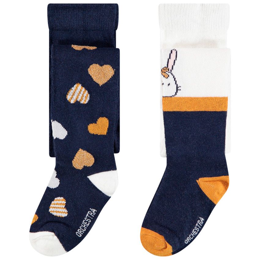 Lot de 2 collants épais à coeurs et lapin pour bébé fille - Ecru