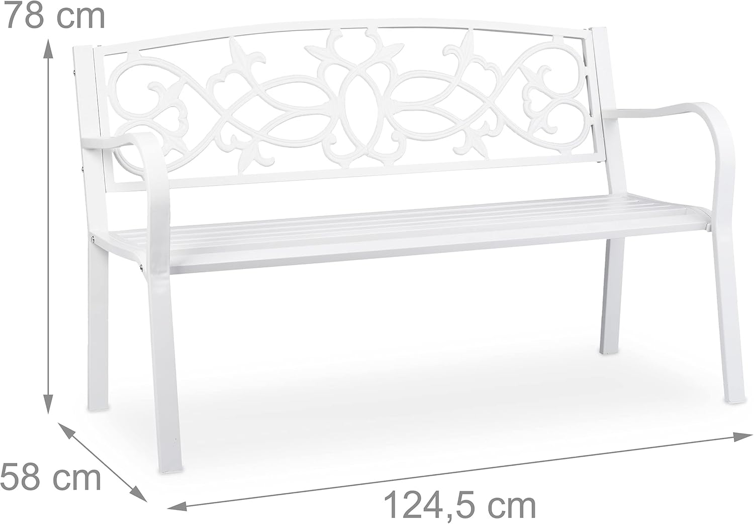 Relaxdays Gartenbank, nostalgisch, 2 Sitzer, wetterfest, Gusseisen & Stahl, Premium Sitzbank, HBT: 78x124,5x58 cm, weiß