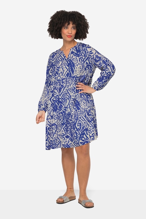 Kleid, Alloverdruck, Tunika-Ausschnitt, Langarm