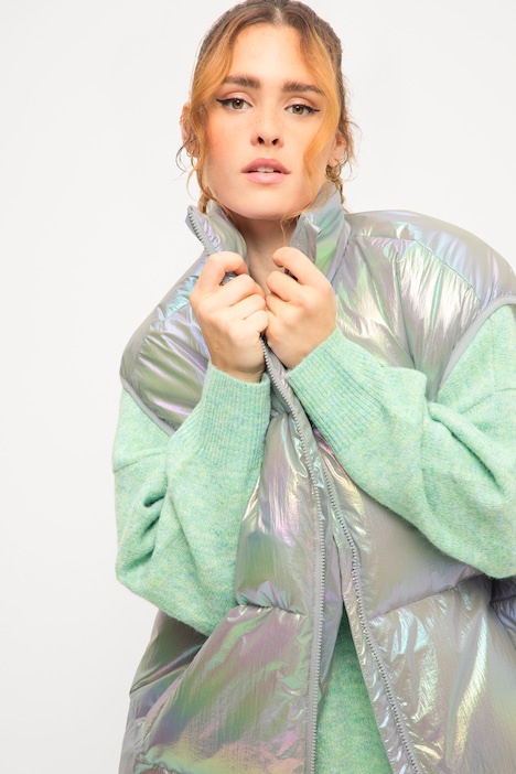 Steppweste, oversized, Holografic-Look, Stehkragen, Zipper