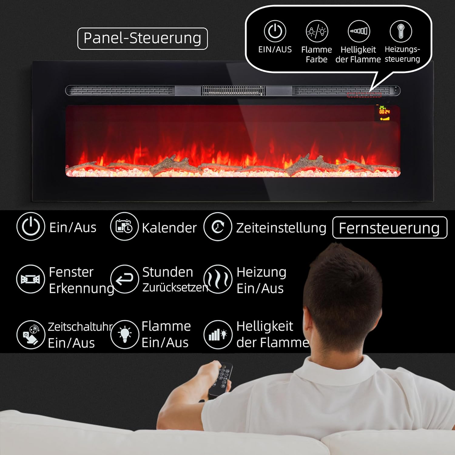 HOMCOM Elektrokamin, Wandkamin mit Heizung 1800 W, LED 3D-Flammeneffekt, Kristalle, in 3 Farben mit 5 Helligkeitsstufen, Elektrischer Kamin mit Fernbedienung, Timer, Touchscreen, Wandmontage, Schwarz