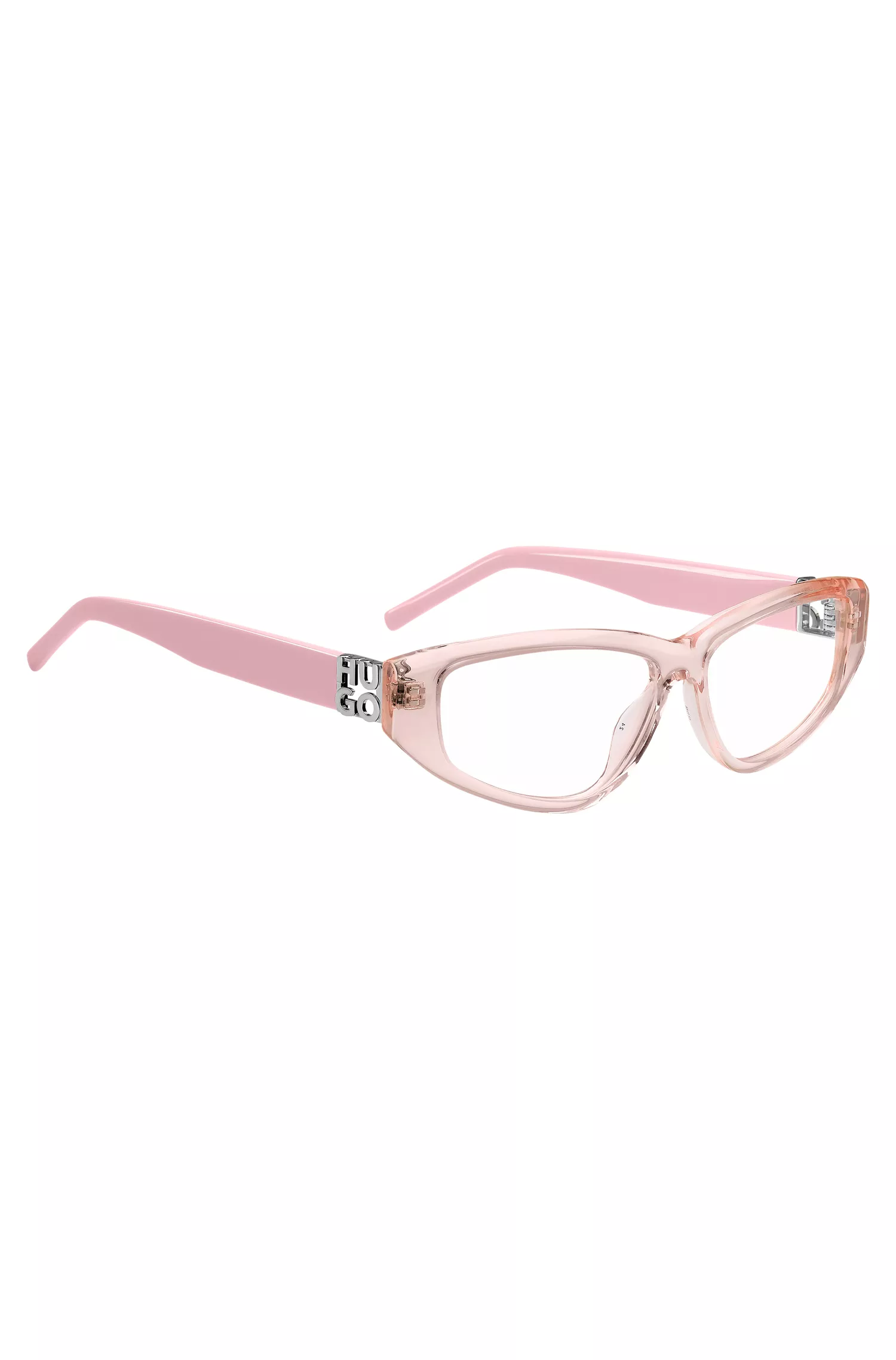 Armação de óculos HUGO em acetato vermelho e rosa com monograma 3D.