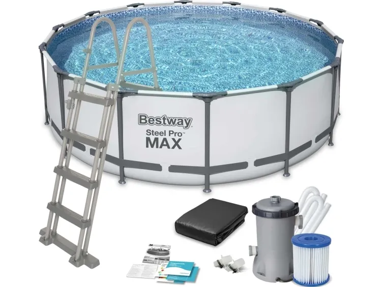 Bestway 5612X, 15232 L, Indrammet pool, Voksen & barn, Stige, Grå, Hvid, 54 kg, Diameter 427 cm, Højde 122 cm