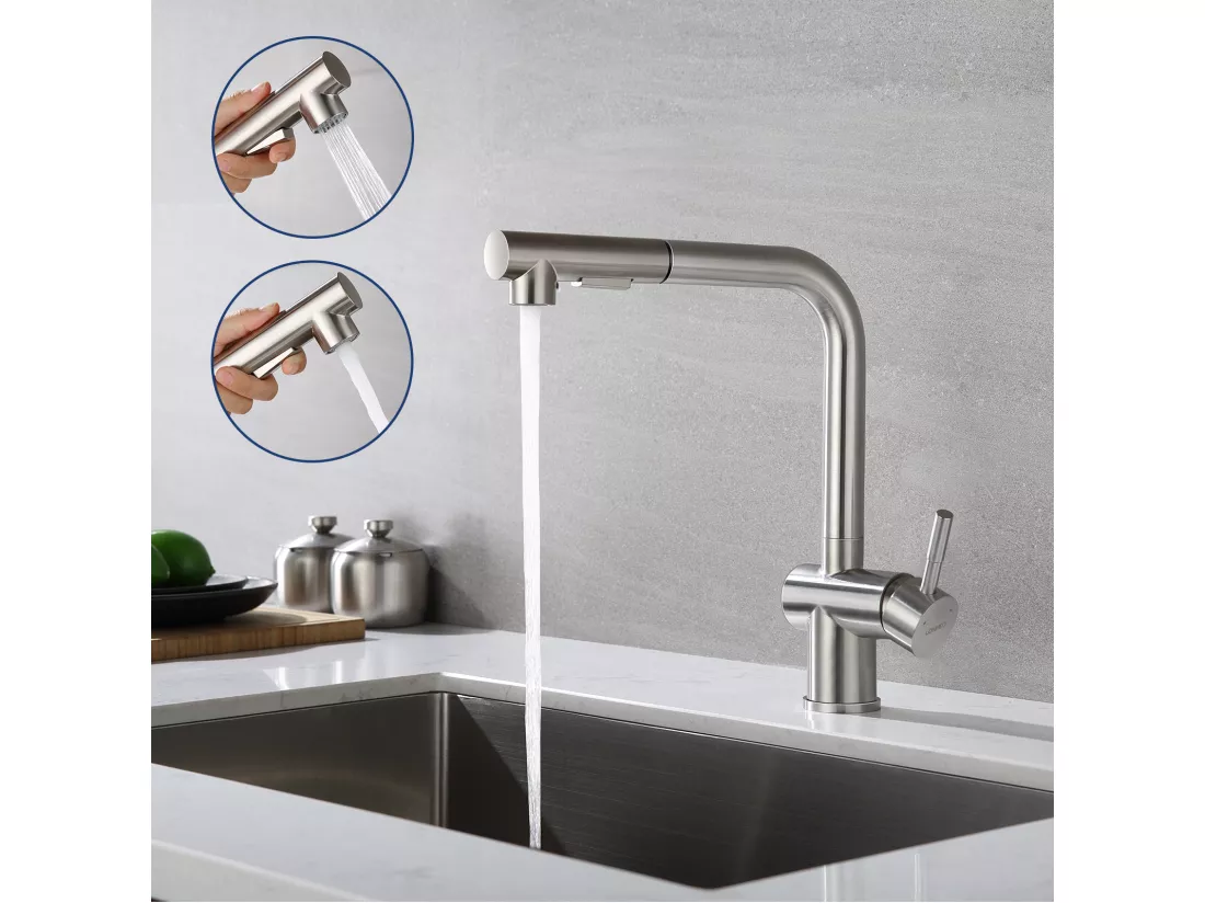 Mitigeur Cuisine avec Douchette Extractible Robinet d'évier à Deux Jets Robinetterie Cuisine en Acier Brossé Pivotant 360°,Barboteur Démotable
