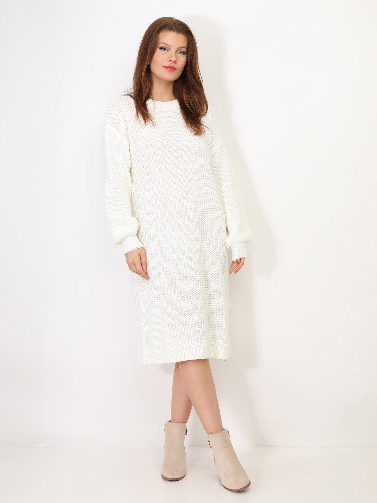 Robe pull mi-longue à manches bouffantes- blanc_blanc