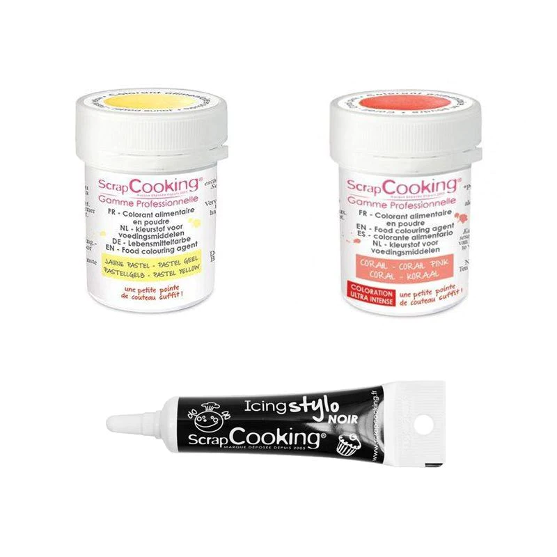 2 colorants alimentaires jaune pastel-corail + Stylo glaçage noir Scra