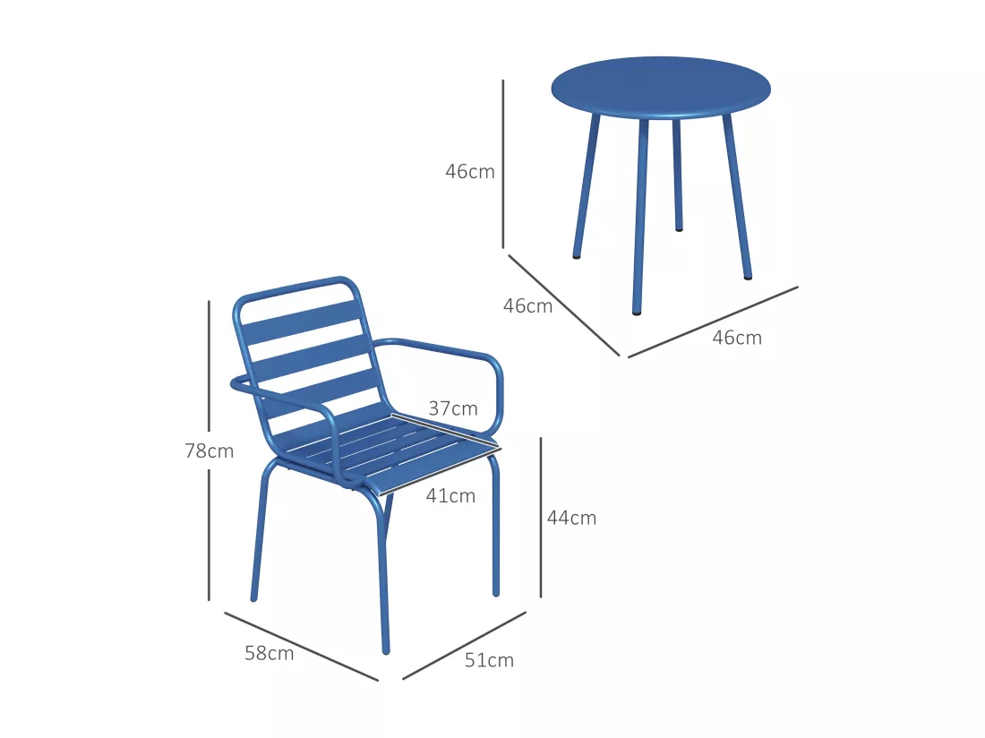Salon de jardin bistro - table basse ronde Ø 60 cm 2 chaises empilables - acier thermolaqué bleu