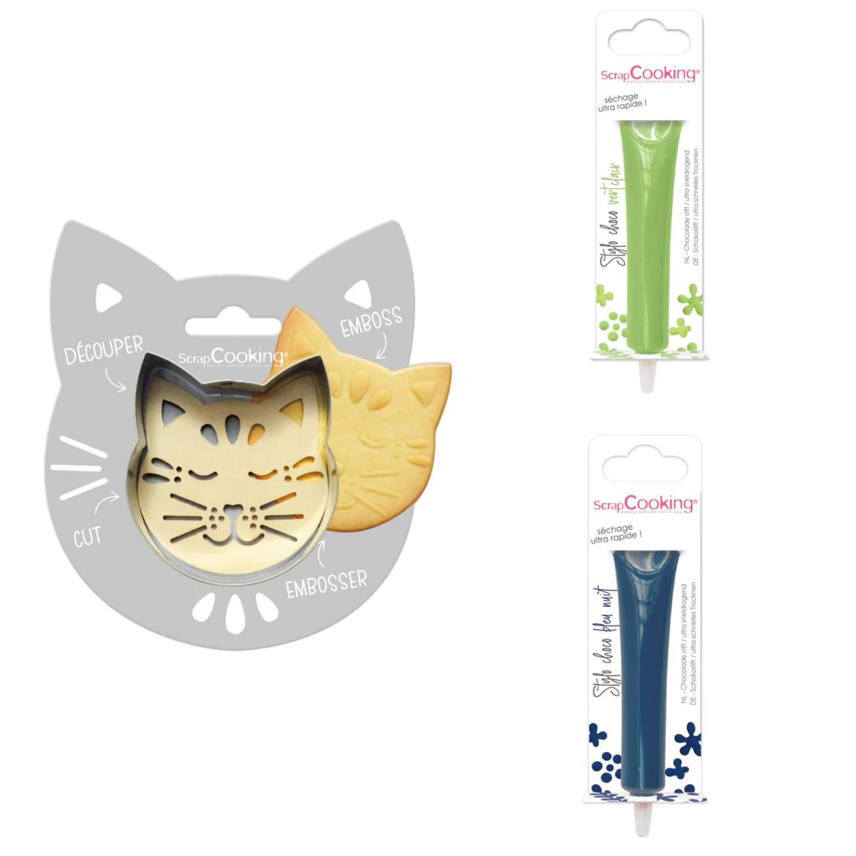 Kit pour biscuit en relief Chat + 2 Stylos au chocolat vert clair et b