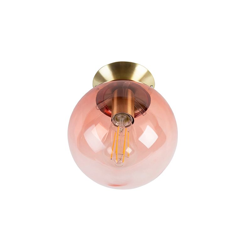 Art deco plafondlamp messing met roze glas - Pallon