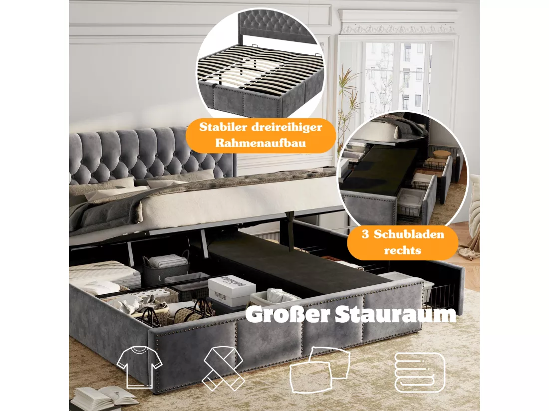 Lit coffre 160 x 200 cm avec tête de lit et 3 tirois - Décor rivet - Velours - Gris (sans matelas)